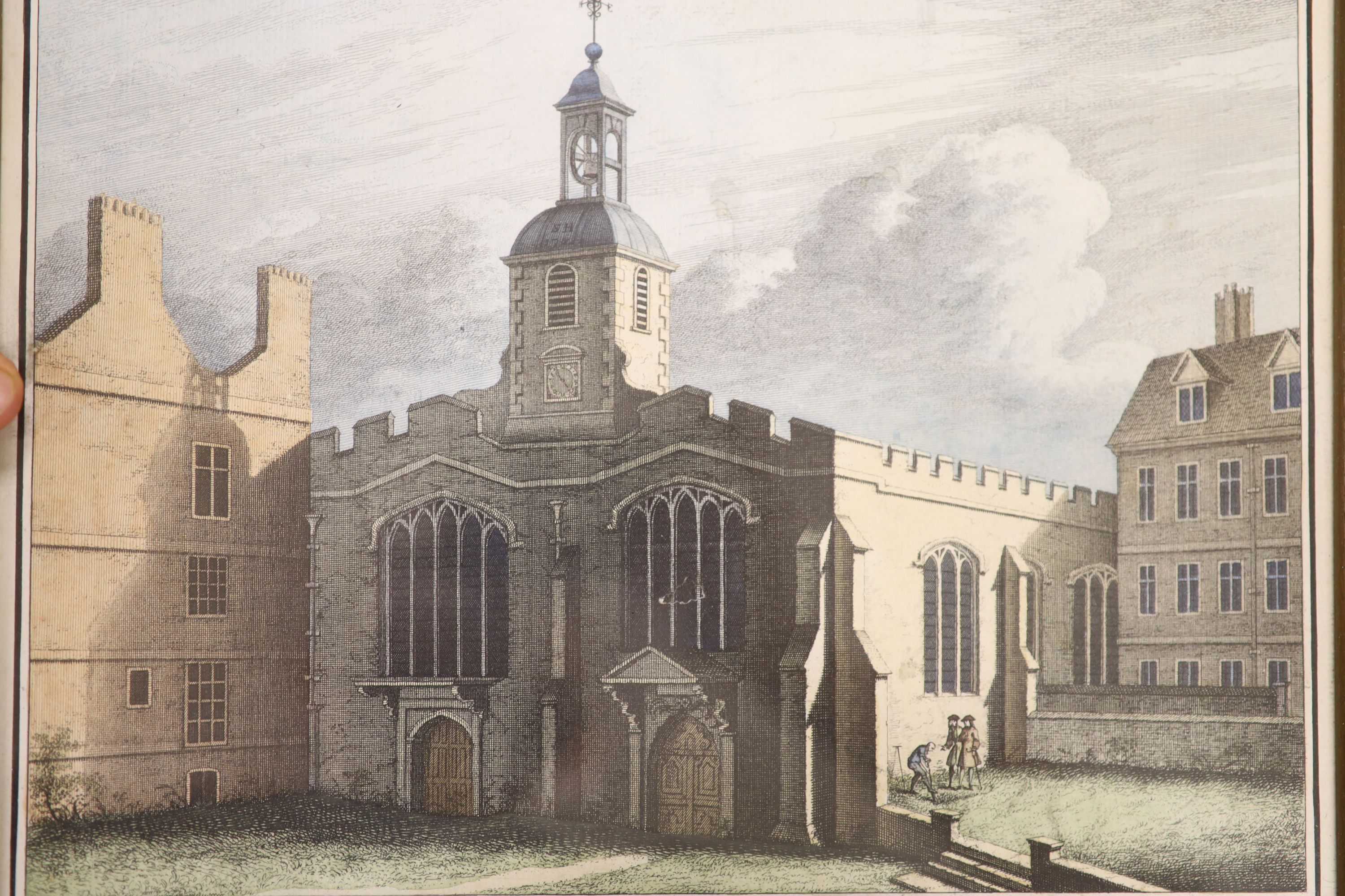 A collection of 18th century hand coloured engravings of churches, together with a cropped print of Glee Singers